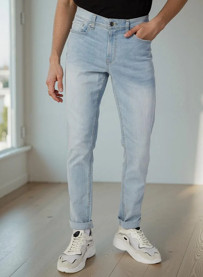 Plain Mid Waist Slim Fit Jeans with Pocket Detail