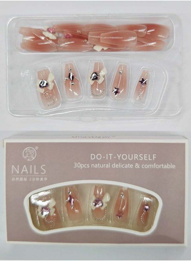 NIBEMINENT 30Pcs Fake Nails, Press Nails In Box,Long-length Flat head shaped Solid Skin Color Shiny Nail Art,Bow knot Love Heart Star zircon Pearl,Fake Nail Patch  - Image 2