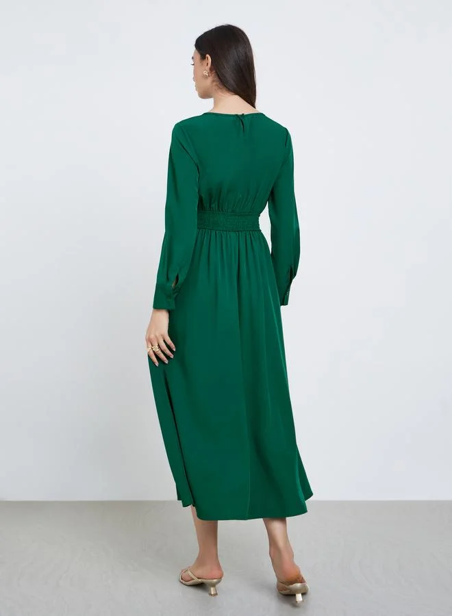 Styli Styli Emerald Green Smocked Waist Midi Dress