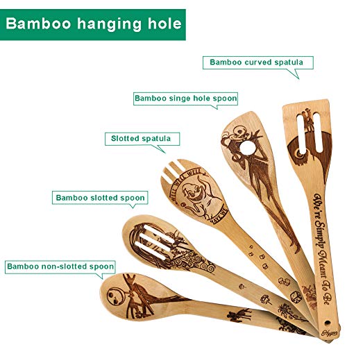 HYGNN Halloween Idea Utensil Burned Wooden Spoons Set House Warming Wedding Present Slotted Spoon 5 Piece SpoonSet - Image 4