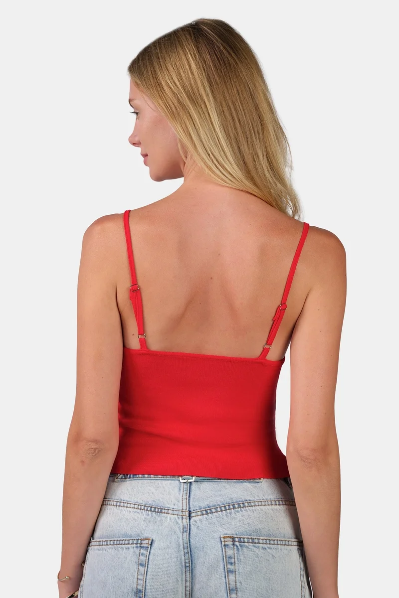 Virgio Red Self Design Viscose V-Neck Slim Fit Strappy Knit Cami for Women for Women | Best Price UAE