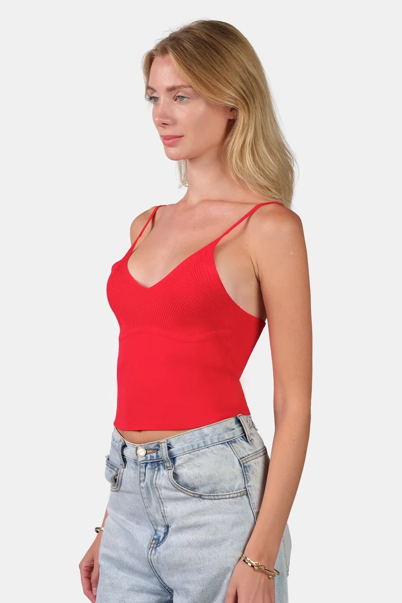 Virgio Red Self Design Viscose V-Neck Slim Fit Strappy Knit Cami for Women for Women | Best Price UAE