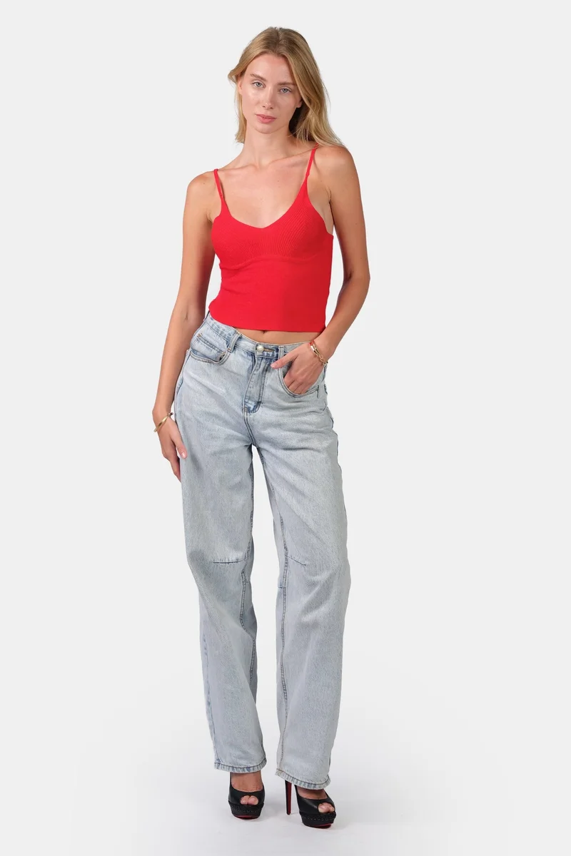 Virgio Self Design Viscose V-Neck Slim Fit Strappy Knit Cami for Women