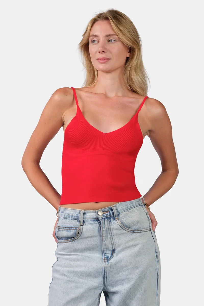 Virgio Self Design Viscose V-Neck Slim Fit Strappy Knit Cami for Women