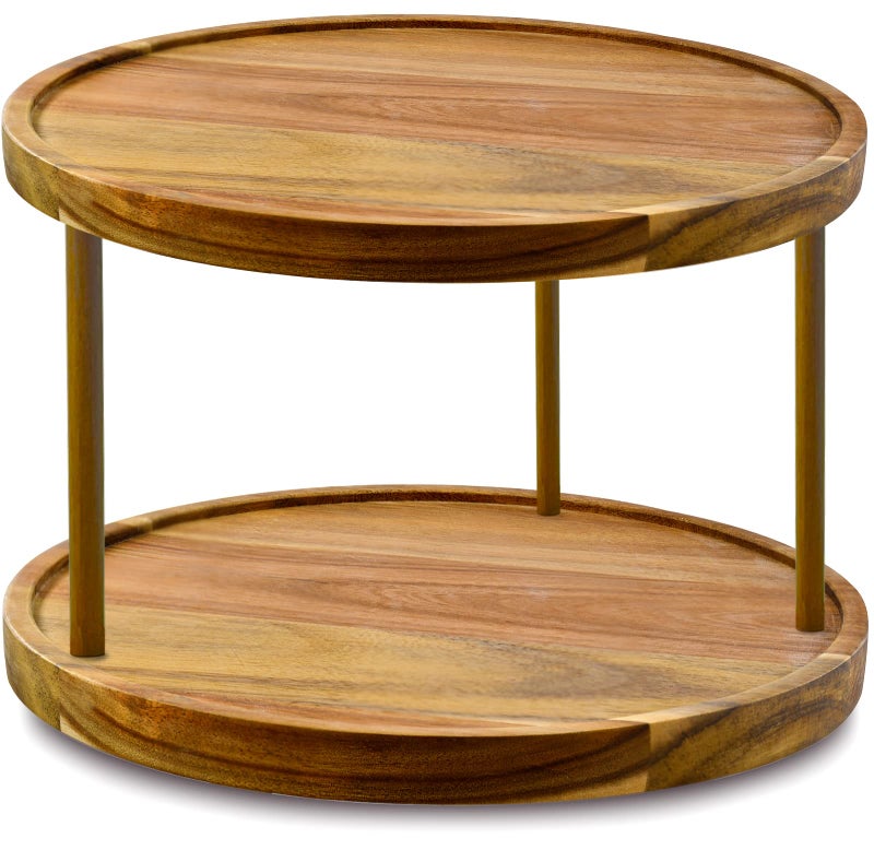 AUAM 12 TwoTier Acacia Wood Lazy Susan Organizer Kitchen Turntable for Cabinet Pantry Table Organization 