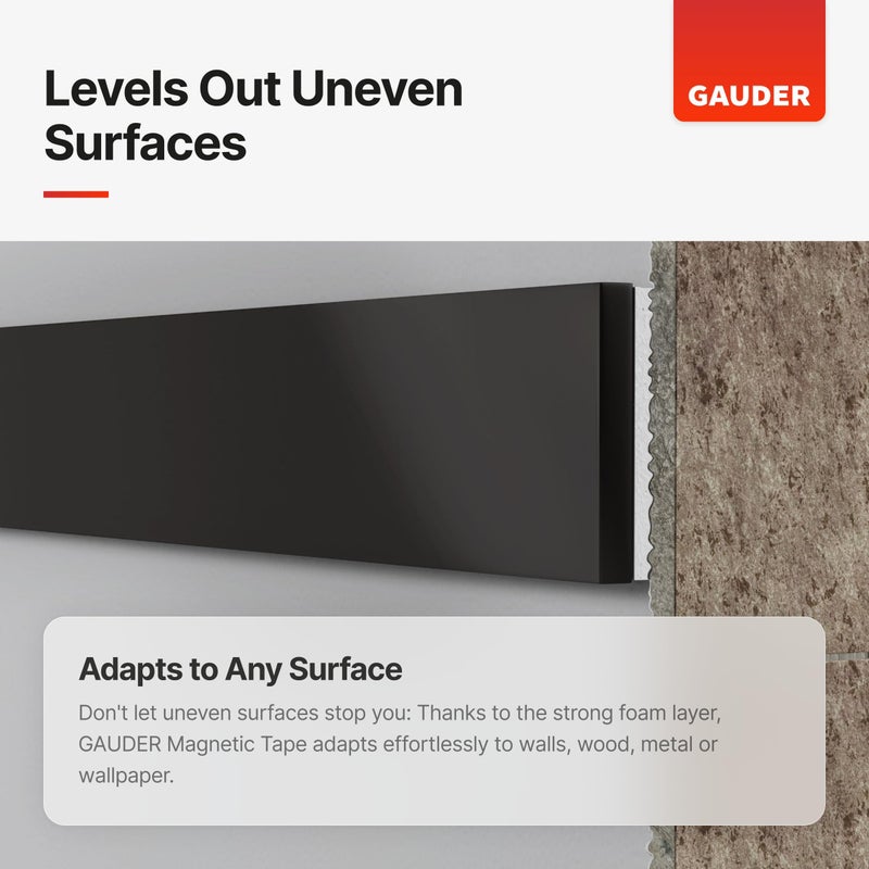 GAUDER Self-Adhesive Magnetic Tape Strong - Foam Adhesive Magnetic Strips for Uneven Surfaces - High Strength Magnet Roll with Enhanced Adhesion and Optimized Force (10 ft x 0.6 in) - Image 4