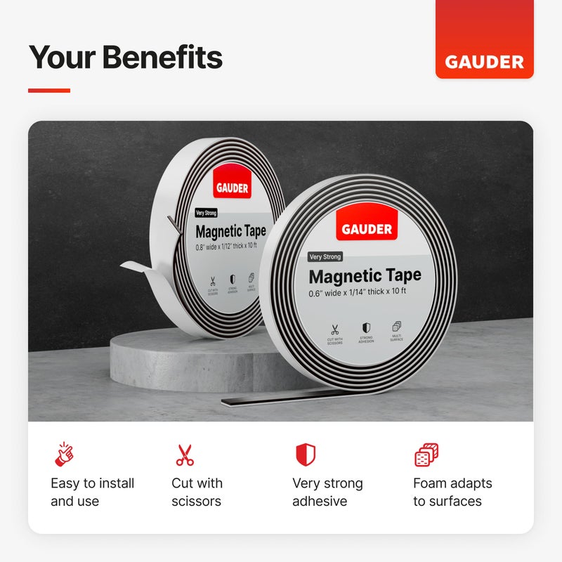 GAUDER Self-Adhesive Magnetic Tape Strong - Foam Adhesive Magnetic Strips for Uneven Surfaces - High Strength Magnet Roll with Enhanced Adhesion and Optimized Force (10 ft x 0.6 in) - Image 2