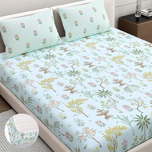 Dreamscape 100% Cotton King Fitted Floral Bedsheet With 2 Pillow Covers - (Size 72 x 78 inches, 200 TC, Colour - Sea Green: Mint Green) - Image 1
