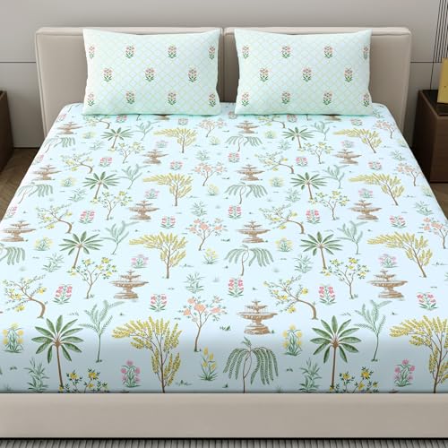 Dreamscape 100% Cotton King Fitted Floral Bedsheet With 2 Pillow Covers - (Size 72 x 78 inches, 200 TC, Colour - Sea Green: Mint Green) - Image 2