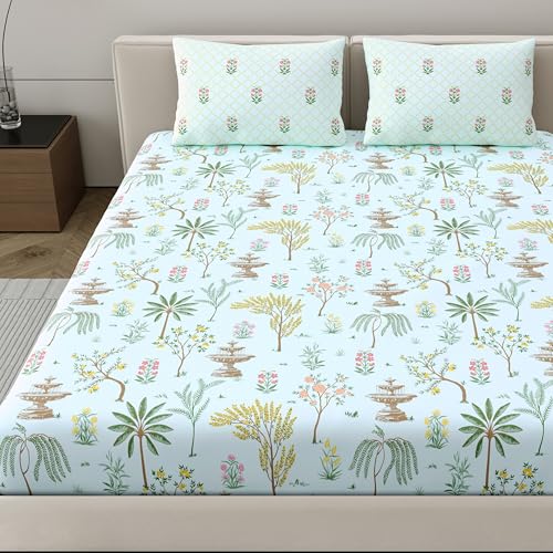 Dreamscape 100% Cotton King Fitted Floral Bedsheet With 2 Pillow Covers - (Size 72 x 78 inches, 200 TC, Colour - Sea Green: Mint Green) - Image 3