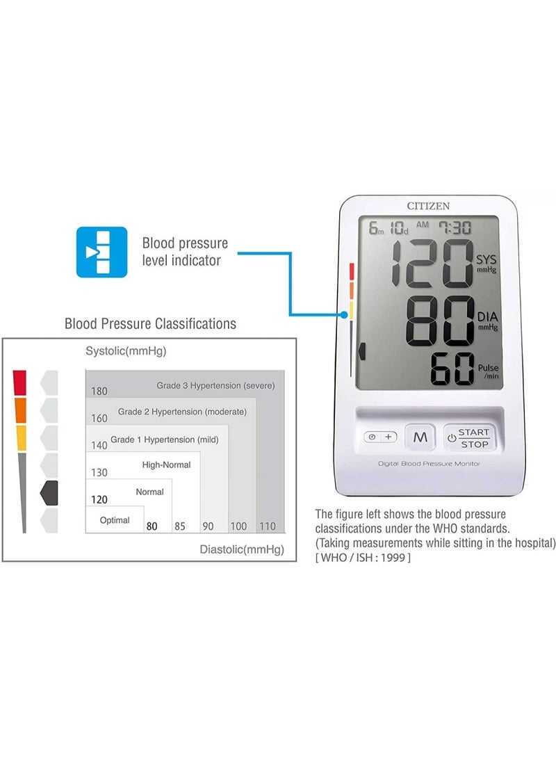 CITIZEN Digital Arm Blood Pressure Monitor CH-456 Fully Automatic with Oscillometric Method, Big LCD Screen, Convenient Storage, Smart Features, Reliable Results - Image 4