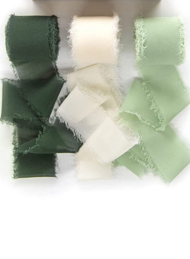 Generic Hand-torn chiffon ribbon tassel bow band, Beige+Mint Green+Dark Green  - Image 1