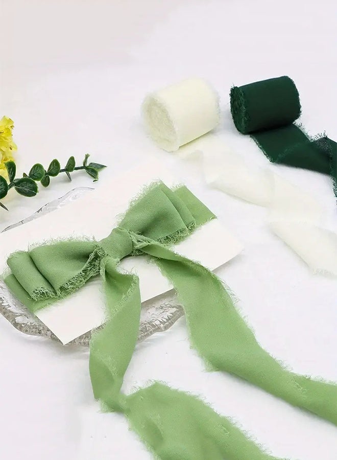 Generic Hand-torn chiffon ribbon tassel bow band, Beige+Mint Green+Dark Green  - Image 4
