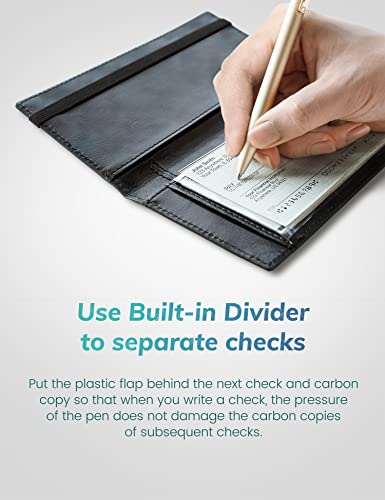 Yarnic Checkbook Cover for Personal Checkbook, Checkbook Holder with Pen Holder & Built-in Clear Plastic Divider for Duplicate Checks (Black & Rose Gold) - Image 5