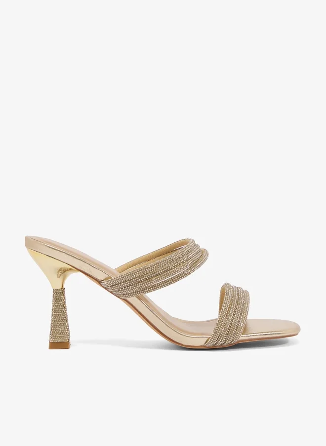 Truffle Gold Strap Detail Rhinestone Embellished Heeled Sandals
