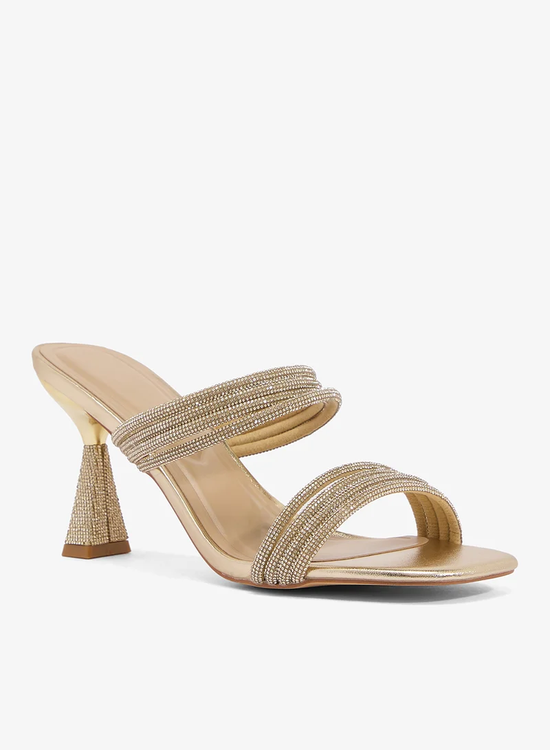 Truffle Gold Strap Detail Rhinestone Embellished Heeled Sandals