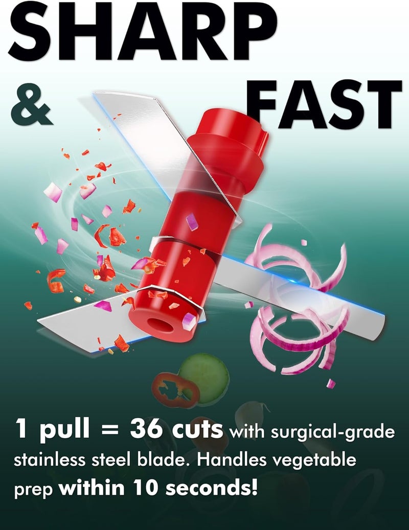 Geedel Manual Food Processor Vegetable Cutter, Pull Chopper with String, Food Chopper Vegetable Cutter for Veggies, Fruits, Salad, Onion, Nuts, Herbs, etc, 2 Cup(500ml), Red - Image 2