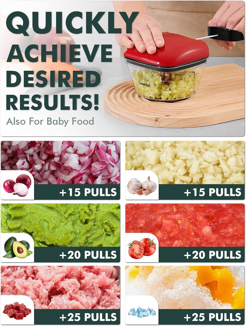Geedel Manual Food Processor Vegetable Cutter, Pull Chopper with String, Food Chopper Vegetable Cutter for Veggies, Fruits, Salad, Onion, Nuts, Herbs, etc, 2 Cup(500ml), Red - Image 3