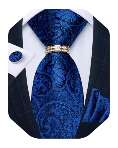 DiBanGu Mens Tie Set Silk Necktie and Gold Tie Ring Pocket Square Cufflinks Formal Business Wedding Ties with Gift Box, Blue - Image 1