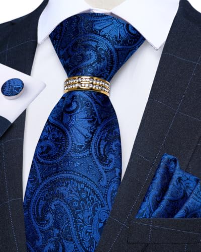 DiBanGu Mens Tie Set Silk Necktie and Gold Tie Ring Pocket Square Cufflinks Formal Business Wedding Ties with Gift Box, Blue - Image 3