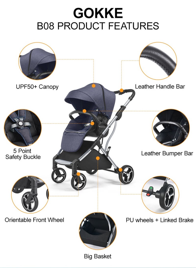 GOKKE Reversible Baby Stroller with 5 Point Safety Harness, Compact Fold, Forward & Rear Facing, 0-36 Months, Navy Blue - B08NB - Image 3