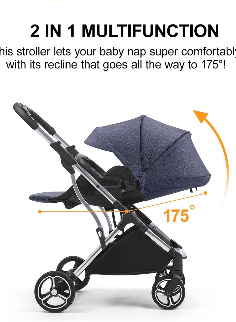 GOKKE Reversible Baby Stroller with 5 Point Safety Harness, Compact Fold, Forward & Rear Facing, 0-36 Months, Navy Blue - B08NB - Image 4