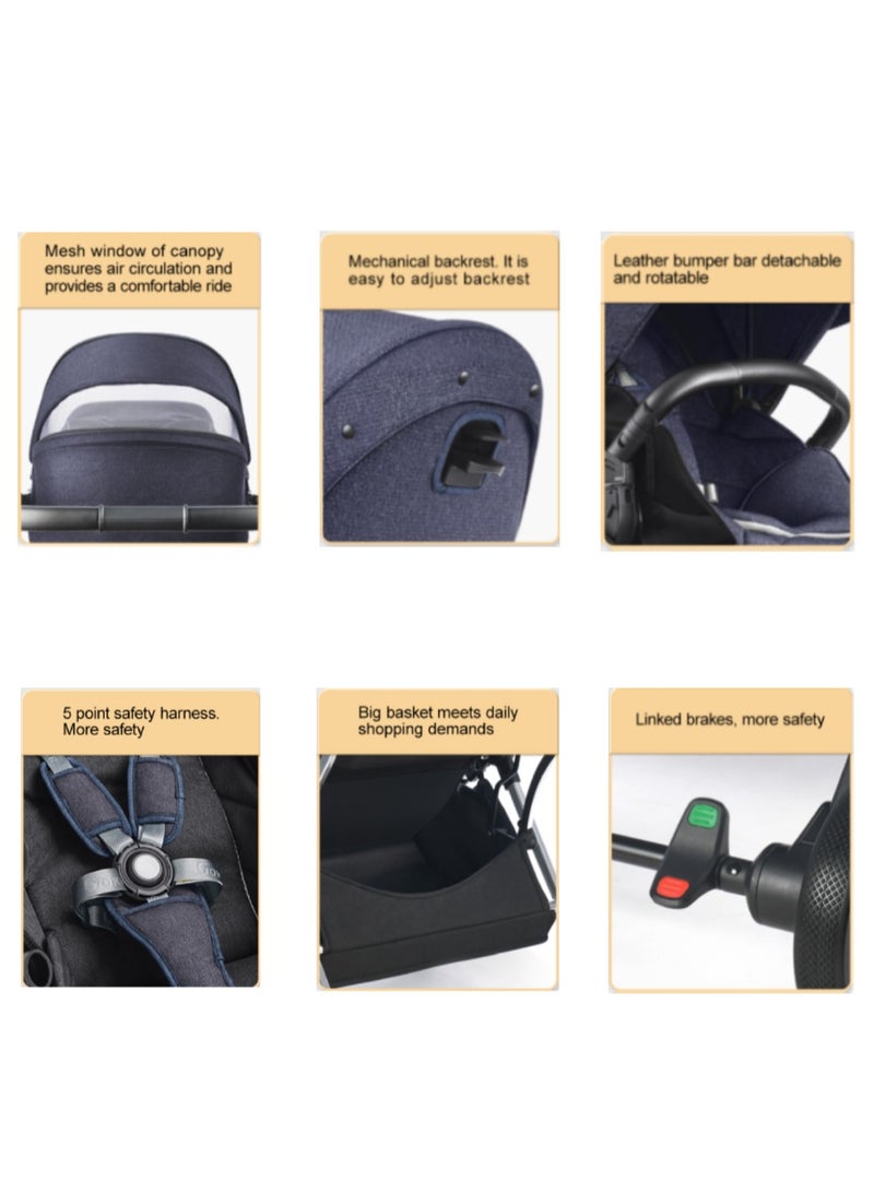 GOKKE Reversible Baby Stroller with 5 Point Safety Harness, Compact Fold, Forward & Rear Facing, 0-36 Months, Navy Blue - B08NB - Image 5