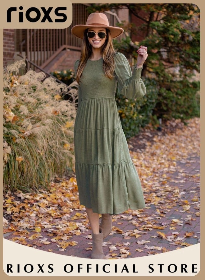 RIOXS Women'sMaxi Dresses,Crew Neck Fall Dress,Casual Long Sleeve Bohemian Dresses,Relaxed Fit Tiered Dress For Women,Ladies A-Line Wrap Dress or Party/Wedding/Feast/Business/Daily Wear  - Image 2