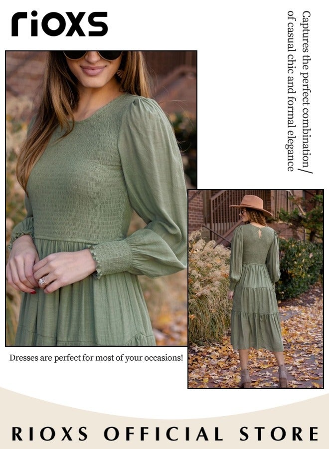 RIOXS Women'sMaxi Dresses,Crew Neck Fall Dress,Casual Long Sleeve Bohemian Dresses,Relaxed Fit Tiered Dress For Women,Ladies A-Line Wrap Dress or Party/Wedding/Feast/Business/Daily Wear  - Image 3
