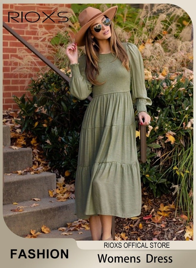 RIOXS Women'sMaxi Dresses,Crew Neck Fall Dress,Casual Long Sleeve Bohemian Dresses,Relaxed Fit Tiered Dress For Women,Ladies A-Line Wrap Dress or Party/Wedding/Feast/Business/Daily Wear  - Image 1