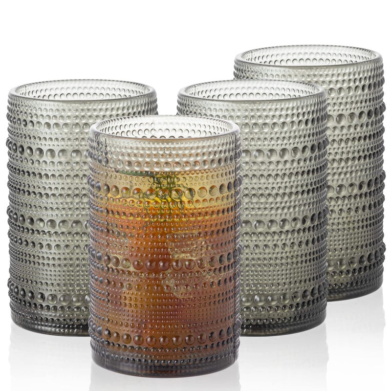 POLIDREAM 4pcs Gray 152oz Hobnail Glass Cups  Elegant  Textured Drinking Glasses for Beer Cocktail Soda Juice  Sophisticated Monochrome Collection Ideal for Home Bar