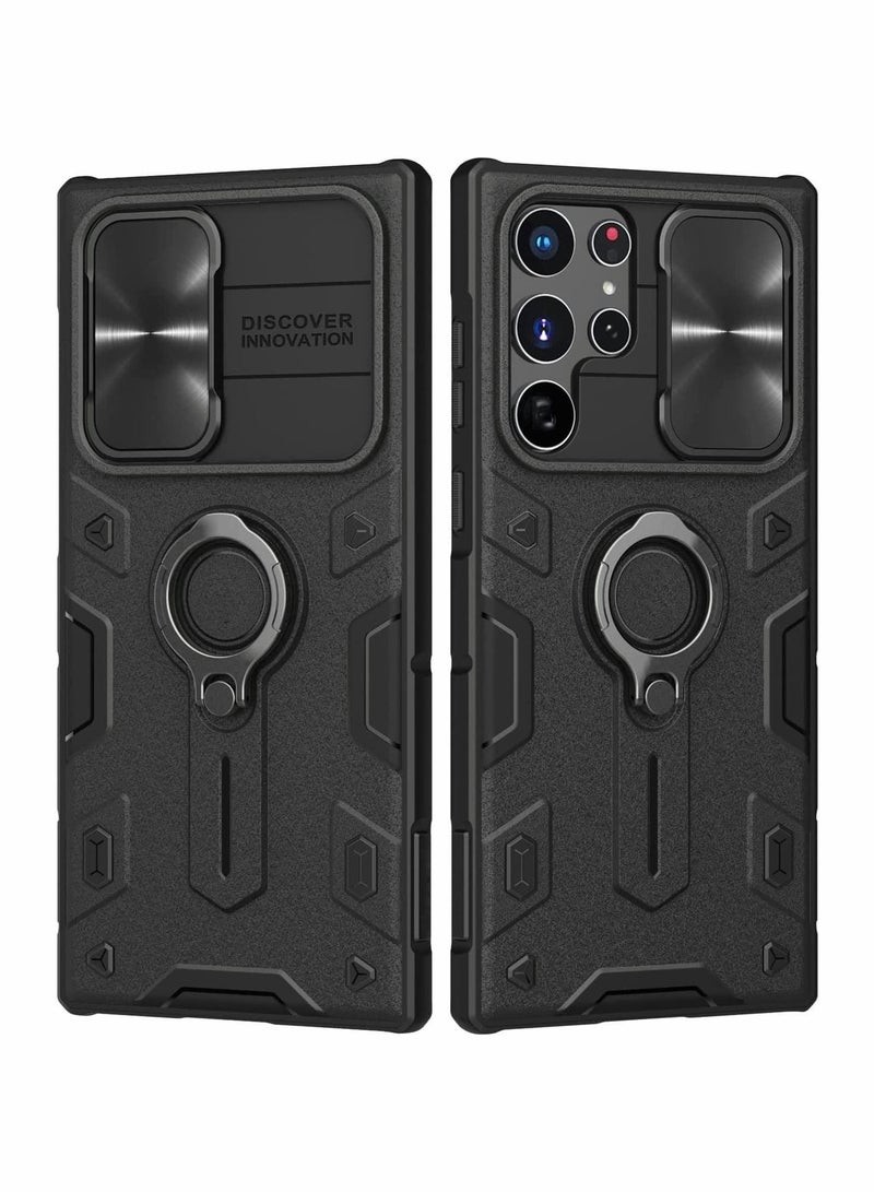 Captaintech Case for Samsung S22 Ultra Case with Kickstand & Camera Lens Cover, Shockproof Hard PC Back and Soft Silicone Bumper Hybrid Protective Cover for Samsung Galaxy S22 Ultra Cover 6.8'' （Black) - Image 1