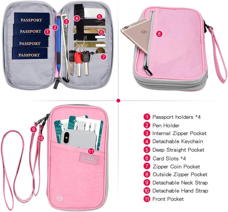 homchen RFID Passport Wallet with Vaccine Card Slot, Family Travel Passport Holder Document Organizer Bag with Wrist & Neck Double Strap - Image 3