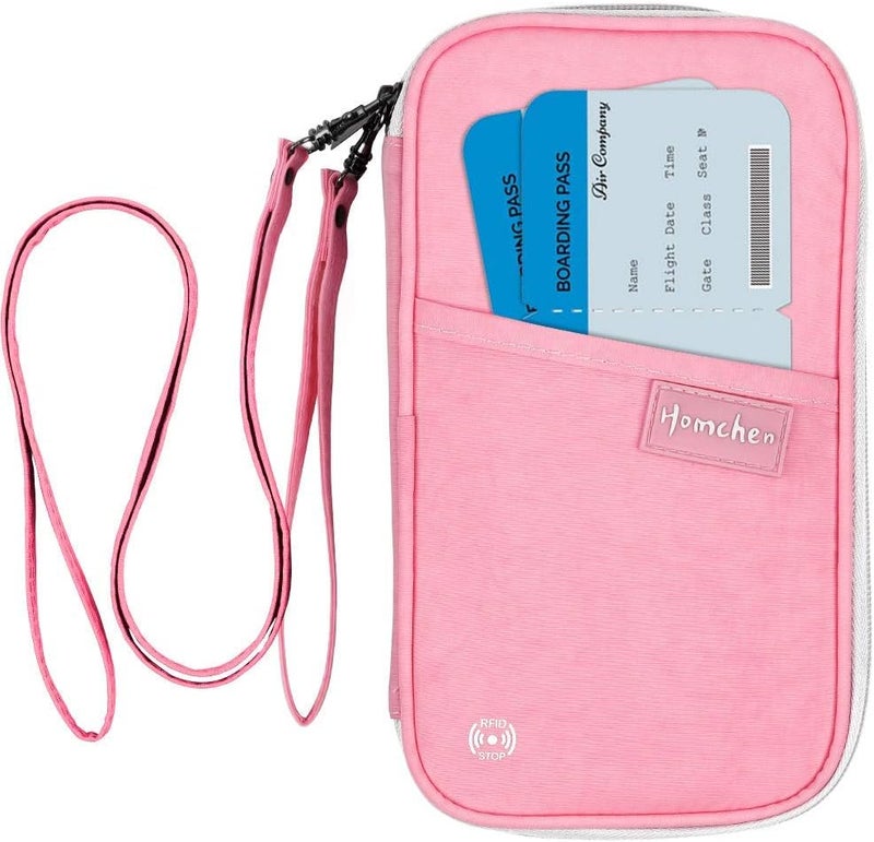 homchen RFID Passport Wallet with Vaccine Card Slot, Family Travel Passport Holder Document Organizer Bag with Wrist & Neck Double Strap - Image 1