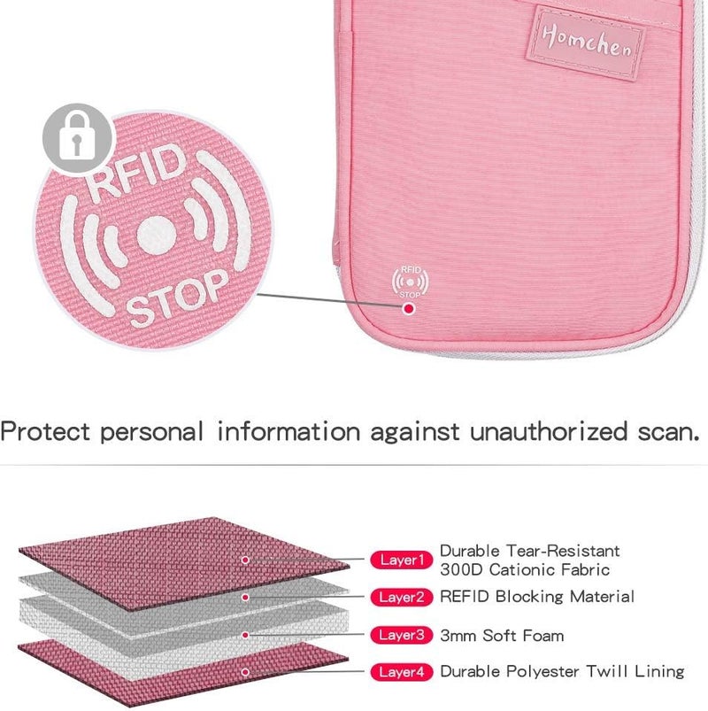 homchen RFID Passport Wallet with Vaccine Card Slot, Family Travel Passport Holder Document Organizer Bag with Wrist & Neck Double Strap - Image 4