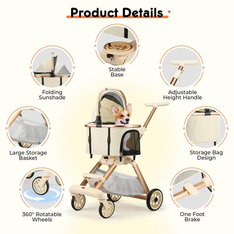 LXEVRA Pet Stroller for Small Dogs - 3 In1 Dog Stroller with Adjustable Handle and Detachable Carrier Car Seat, Foldable Cat Stoller with 5" Lockable All-Terrain Wheels - Image 4