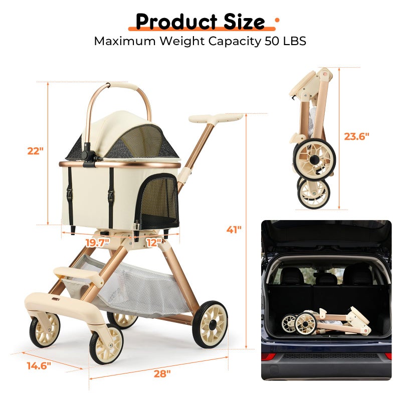 LXEVRA Pet Stroller for Small Dogs - 3 In1 Dog Stroller with Adjustable Handle and Detachable Carrier Car Seat, Foldable Cat Stoller with 5" Lockable All-Terrain Wheels - Image 2