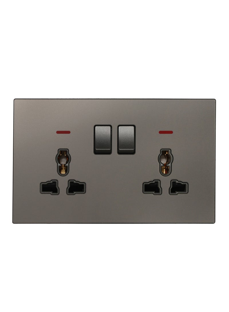 Donmarco 2 Gang Double MF Socket with Neon – 13A, Ultra Thin Glass, Fire-Resistant Electric Outlet , 15-Year Warranty , Multi-Function with Neon Indicator (Matt Grey)  - Image 1