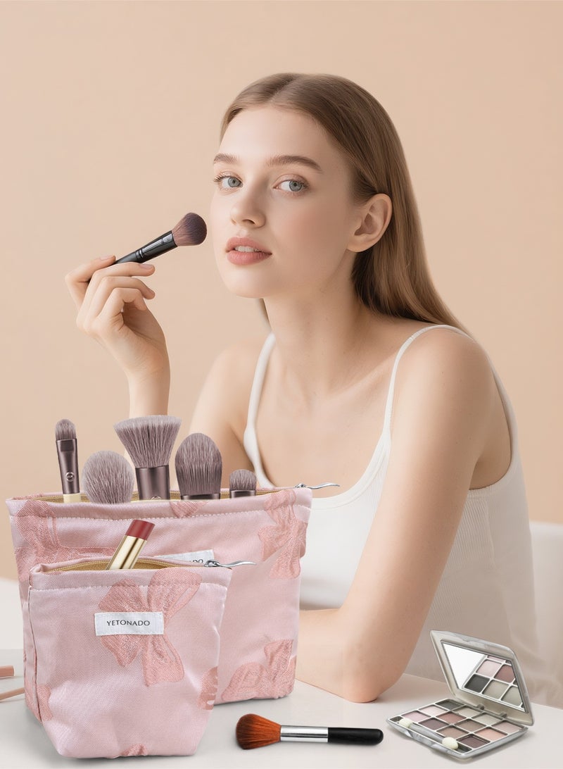 هومار كيت مجموعة من 3 حقائب مستحضرات تجميل مزينة بالزهور للنساء والفتيات، حقيبة مكياج للسفر، حقيبة مكياج قماشية كبيرة السعة، حقيبة تنظيم المكياج بسحاب، منقوش باللون الوردي، حقائب مكياج جمالية كبيرة السعة - Image 4