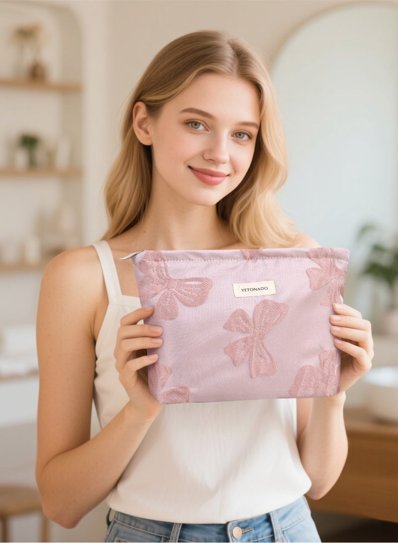 هومار كيت مجموعة من 3 حقائب مستحضرات تجميل مزينة بالزهور للنساء والفتيات، حقيبة مكياج للسفر، حقيبة مكياج قماشية كبيرة السعة، حقيبة تنظيم المكياج بسحاب، منقوش باللون الوردي، حقائب مكياج جمالية كبيرة السعة - Image 5