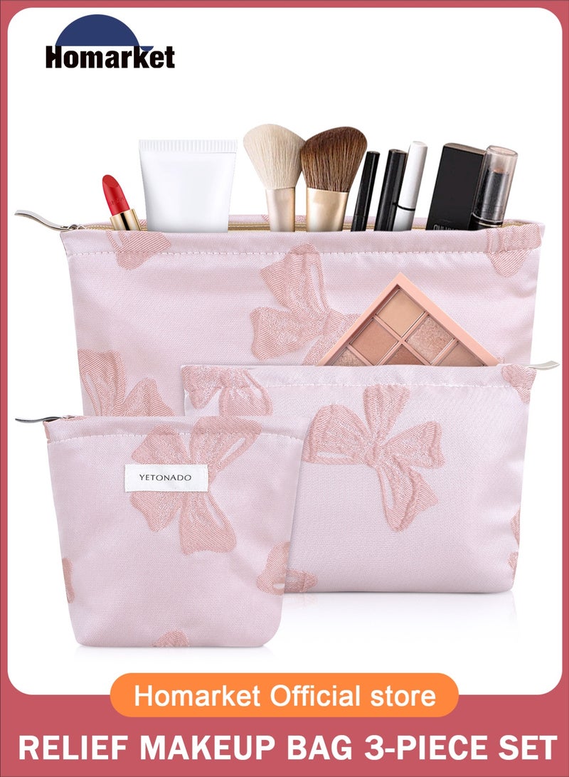 هومار كيت مجموعة من 3 حقائب مستحضرات تجميل مزينة بالزهور للنساء والفتيات، حقيبة مكياج للسفر، حقيبة مكياج قماشية كبيرة السعة، حقيبة تنظيم المكياج بسحاب، منقوش باللون الوردي، حقائب مكياج جمالية كبيرة السعة - Image 1