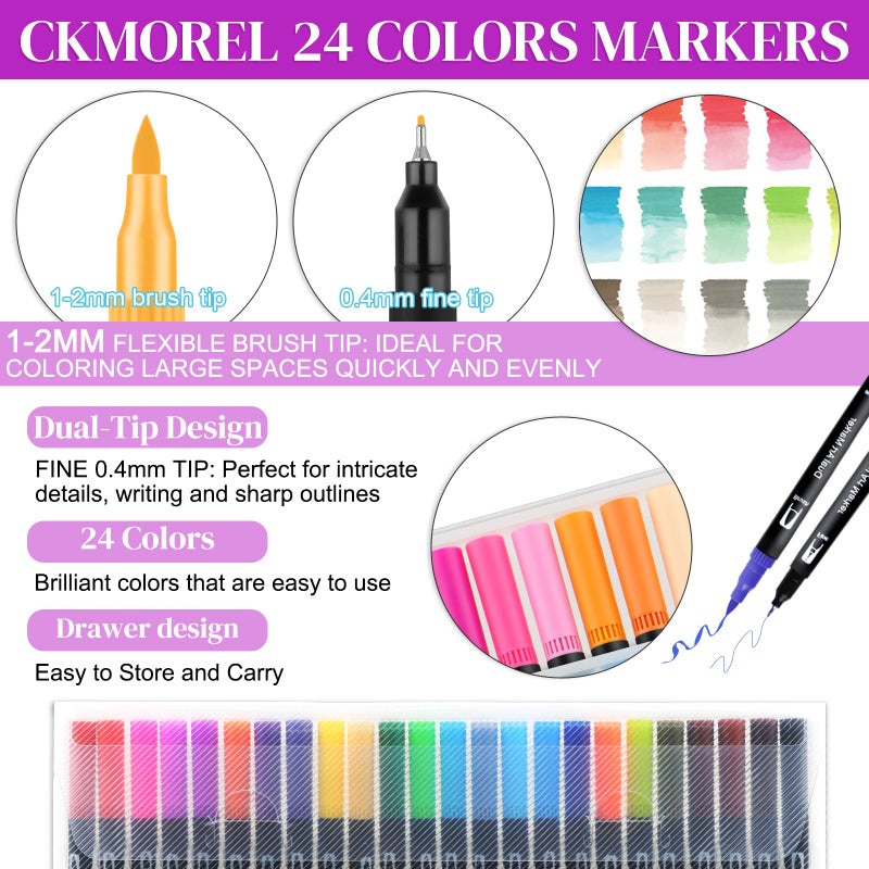 CKMOREL Adult Coloring Book with 24 Dual Tip Colors Markers, 12 Pcs Premium Coloring Pages & 2 Pcs Wooden Photo Frames & 24 Colors Markers, Mindfulness Art-Painting-Kits Gifts for Women - Flowers - Image 3