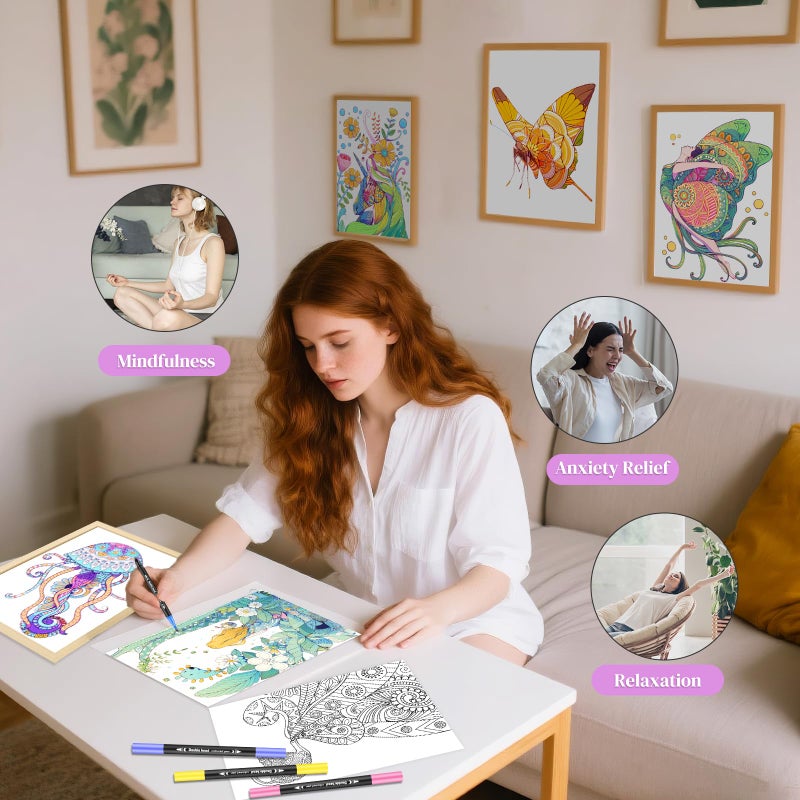 CKMOREL Adult Coloring Book with 24 Dual Tip Colors Markers, 12 Pcs Premium Coloring Pages & 2 Pcs Wooden Photo Frames & 24 Colors Markers, Mindfulness Art-Painting-Kits Gifts for Women - Flowers - Image 5