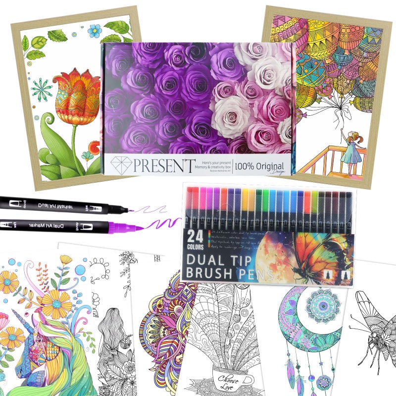 CKMOREL Adult Coloring Book with 24 Dual Tip Colors Markers, 12 Pcs Premium Coloring Pages & 2 Pcs Wooden Photo Frames & 24 Colors Markers, Mindfulness Art-Painting-Kits Gifts for Women - Flowers - Image 1