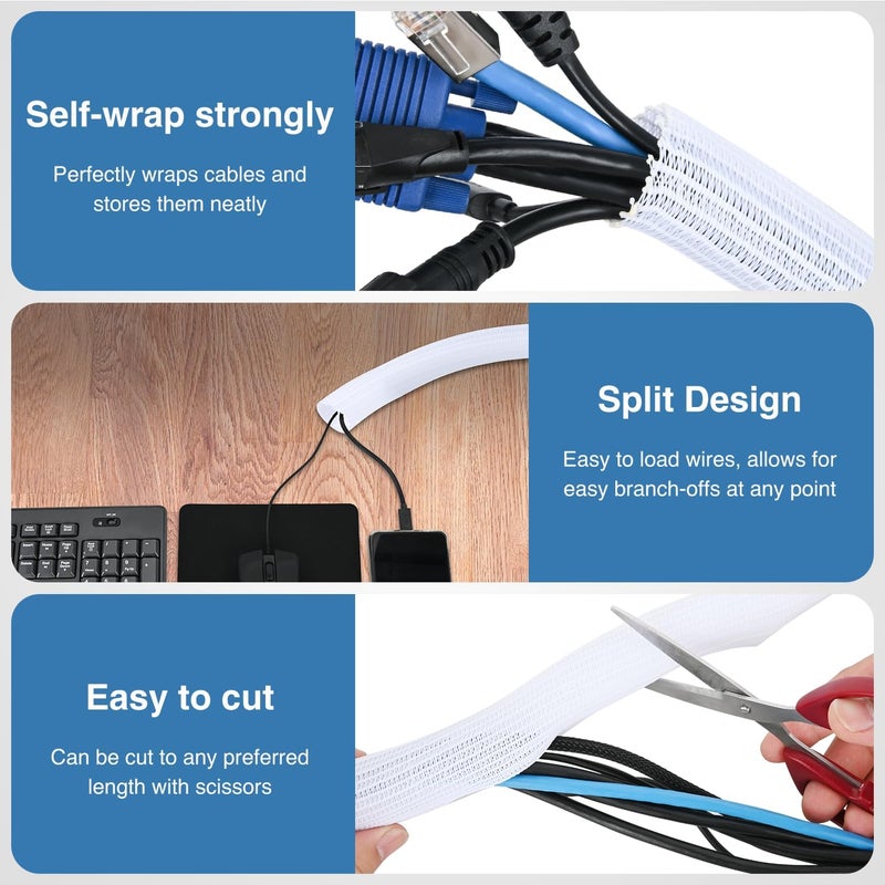 Nilight Cable Sleeve, 25ft-1inch Cable Management Sleeves, Braided Cable Sleeving, Split Self Wrapping Wire Loom for Computer Cable Electrical Wire Automotive Harness Protector Organizer, White - Image 3