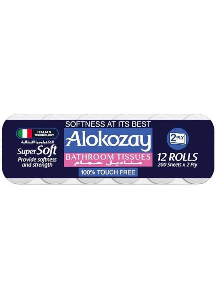 Alokozay Super Soft Bathroom Tissues Rolls, 2 Ply, 200 Pcs, 12'S 