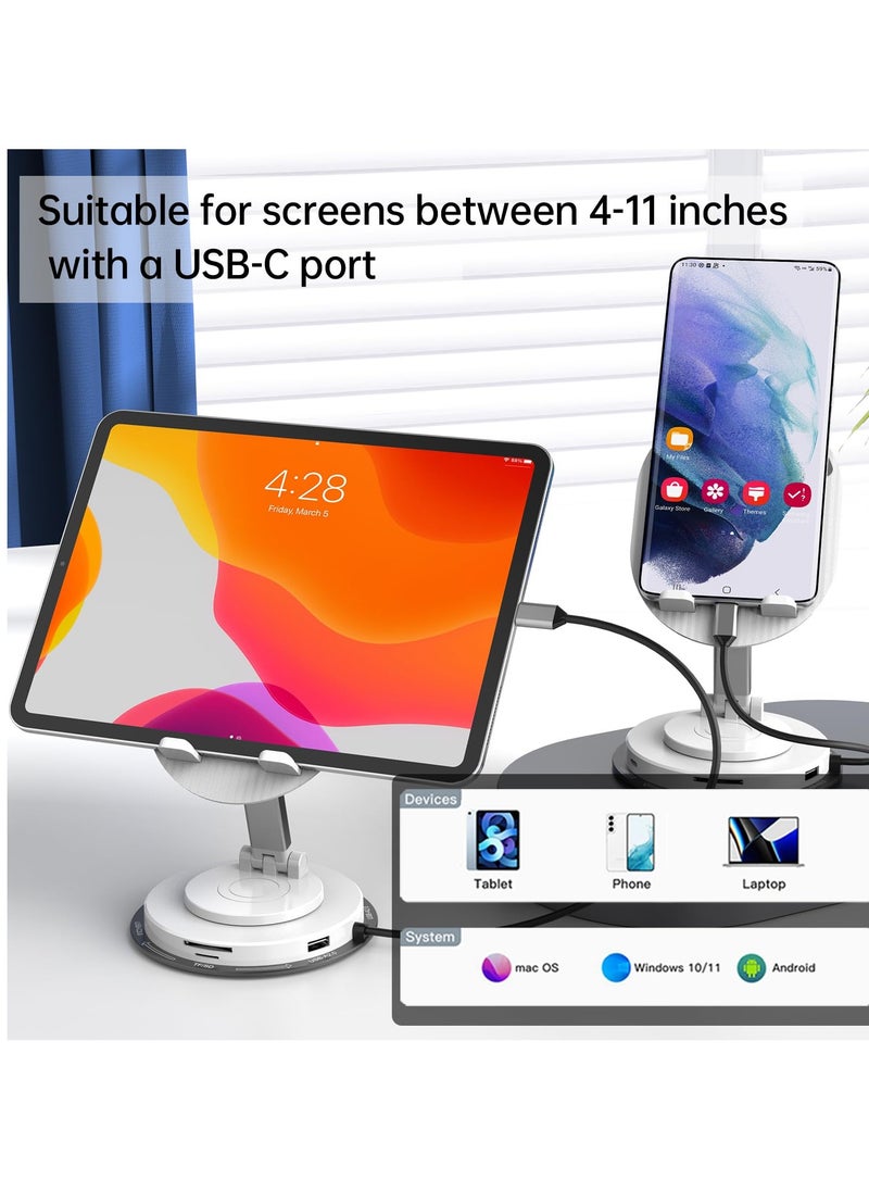Universal Docking Station for iPad Pro Mini Air Galaxy Tab, Adjustable 10-in-1 USB C Hub for iPad Stand, 360°Rotatable iPad Stand, 11 inch 4K HDMI USB 3.0 PD 100W 3.5mm Audio SD/TF Card Reader White