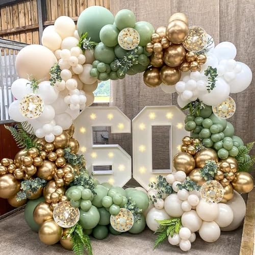 Blocesa Sage Green Balloon Arch Kit134 pcs Sage Green Sand White Metallic Gold Matte White Confetti Latex Balloons for Bridal Shower Bachelor Party Wedding Birthday Party Decorations - Image 1