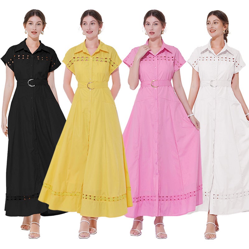 European and American Cross-border Foreign Trade Womens Lapel Sleeveless Belt Waist Hollow-out Long dress Womens A- line Skirt Long Skirt White - Image 1
