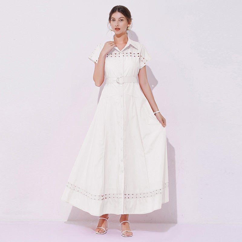 European and American Cross-border Foreign Trade Womens Lapel Sleeveless Belt Waist Hollow-out Long dress Womens A- line Skirt Long Skirt White - Image 4